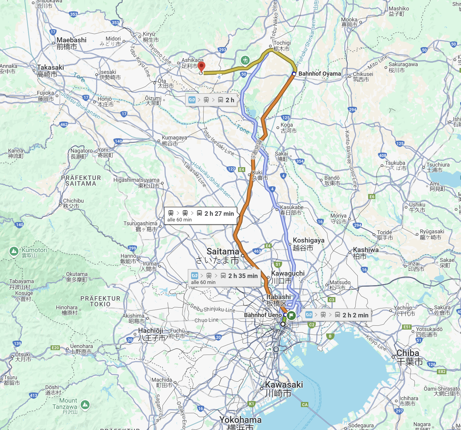 Reiseroute nach Ashikaga